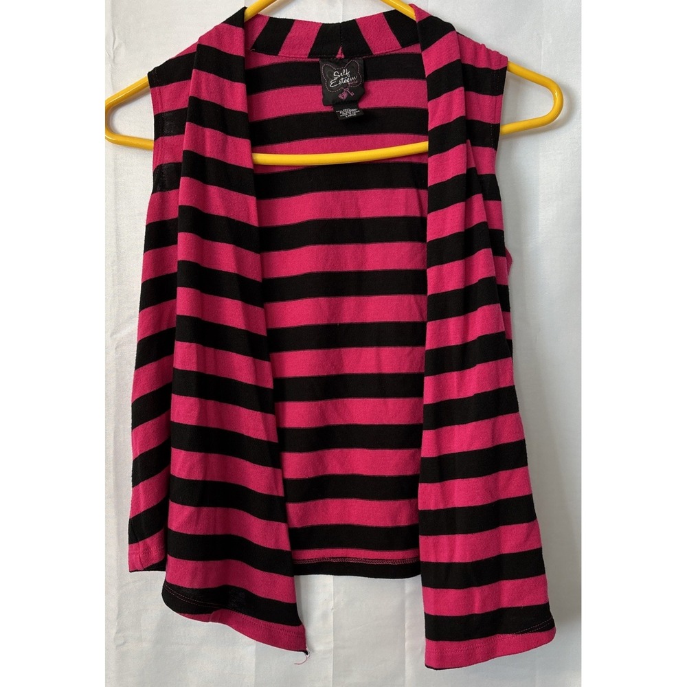 Self Esteem Pink/black Striped Sweater Vest Size L Sleeveless Open Cardigan Jrs‎